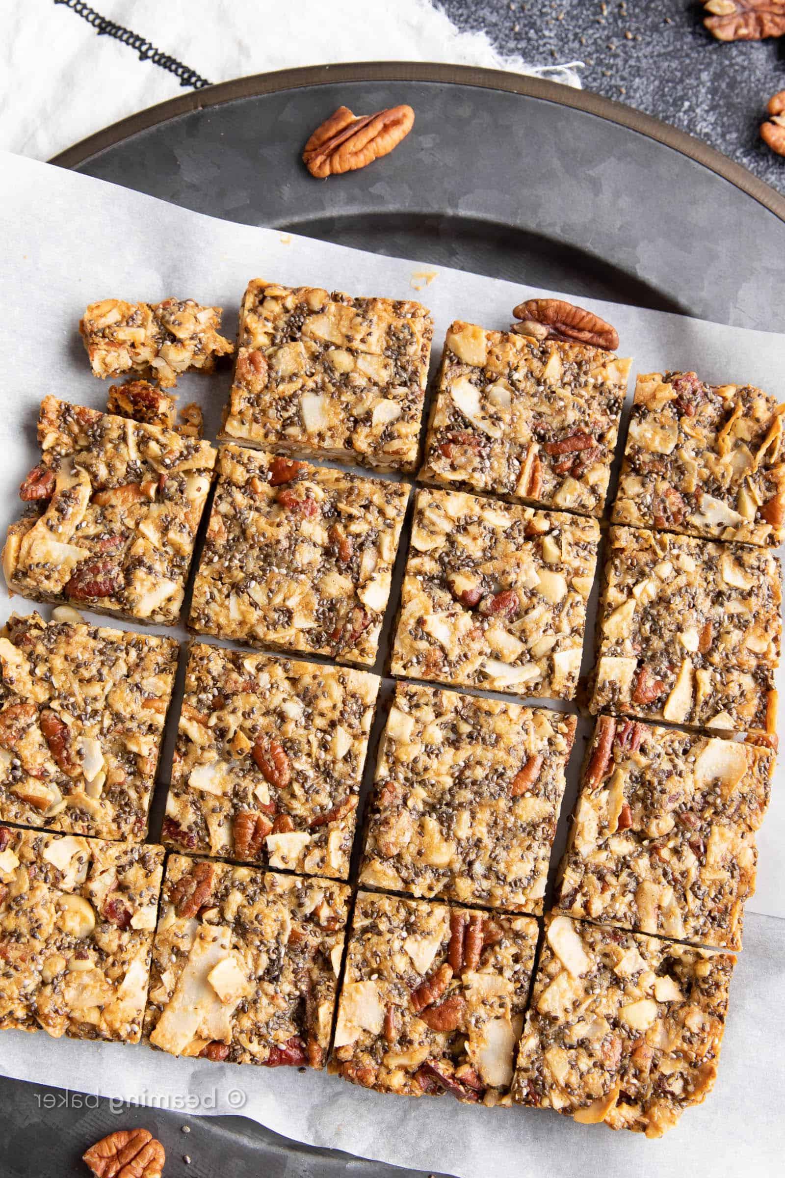 keto granola bars on a plate, overhead view