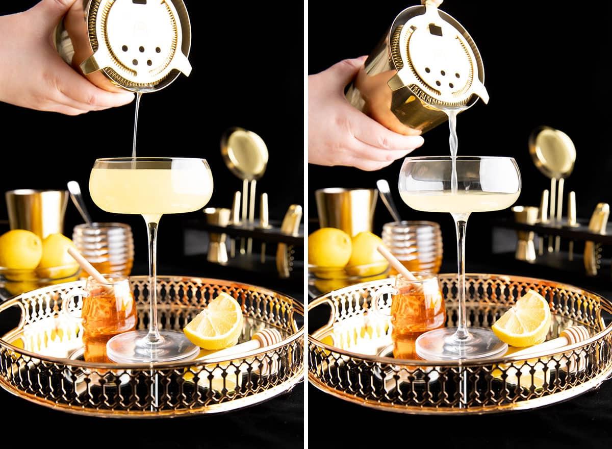 Zwei Fotos, die zeigen, wie man einen Bee’s Knees Cocktail zubereitet – Cocktail in ein Glas abseihen