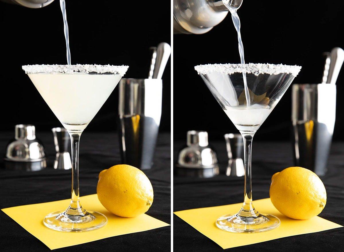 Zwei Fotos zeigen, wie man einen Lemon Drop Martini zubereitet - Gießen und Abseihen der Lemon Drop Mischung in ein Martiniglas.
