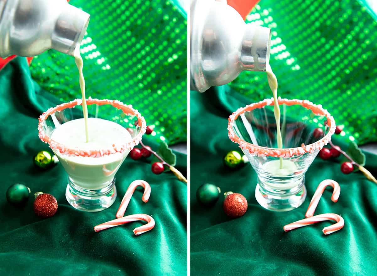 Zwei Fotos, die die Zubereitung eines Pfefferminz Martini zeigen – Cocktail aus dem Shaker gießen