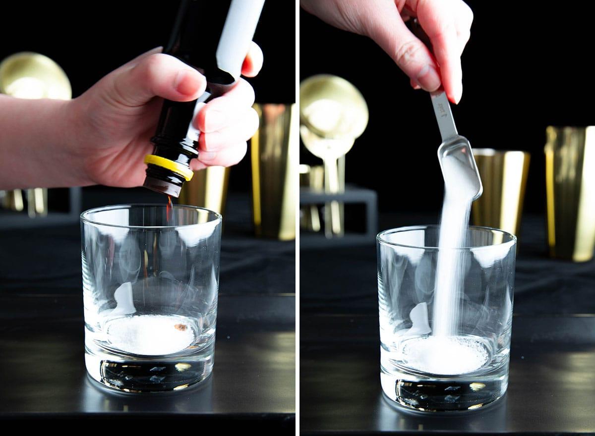 Zwei Fotos zur Zubereitung eines Old Fashioned Cocktails: Zucker und Angostura Bitters werden in ein Cocktailglas gegeben