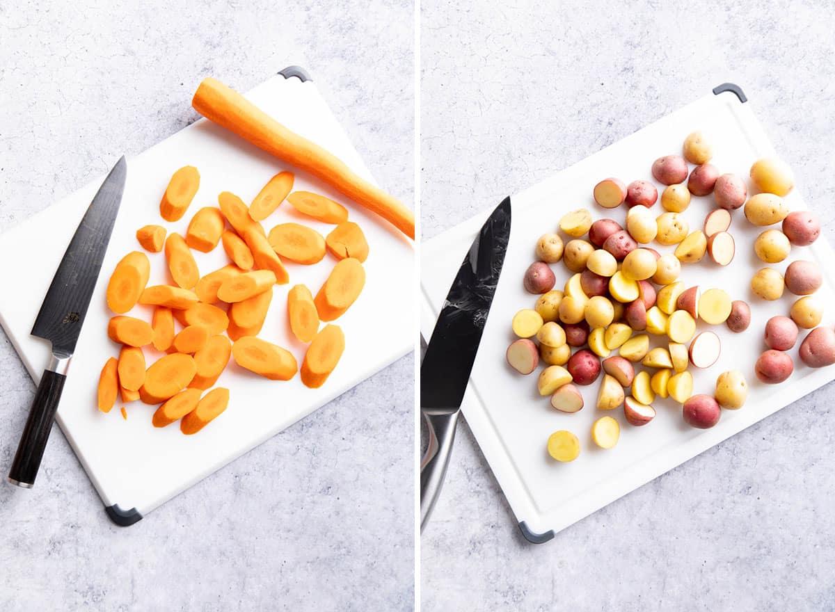 Zwei Fotos, die zeigen, wie man geröstete Kartoffeln und Karotten zubereitet – Karotten und Kartoffeln schneiden