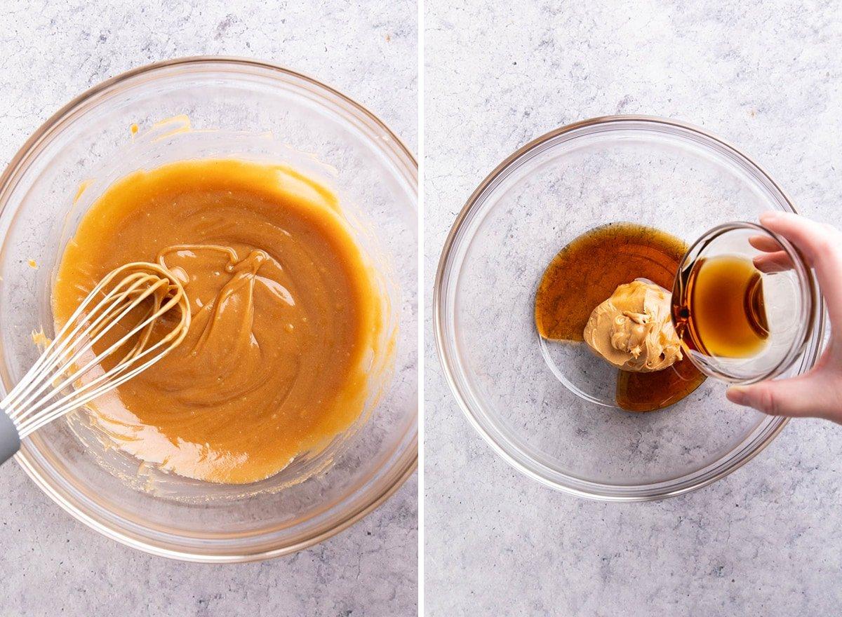Müsliriegel Rezept – Gesund & Einfach! 5 Zwei Fotos zeigen die Zubereitung von Müsliriegeln – Erdnussbutter und Ahornsirup werden miteinander verrührt, um eine klebrige Mischung für die Riegel zu erzeugen