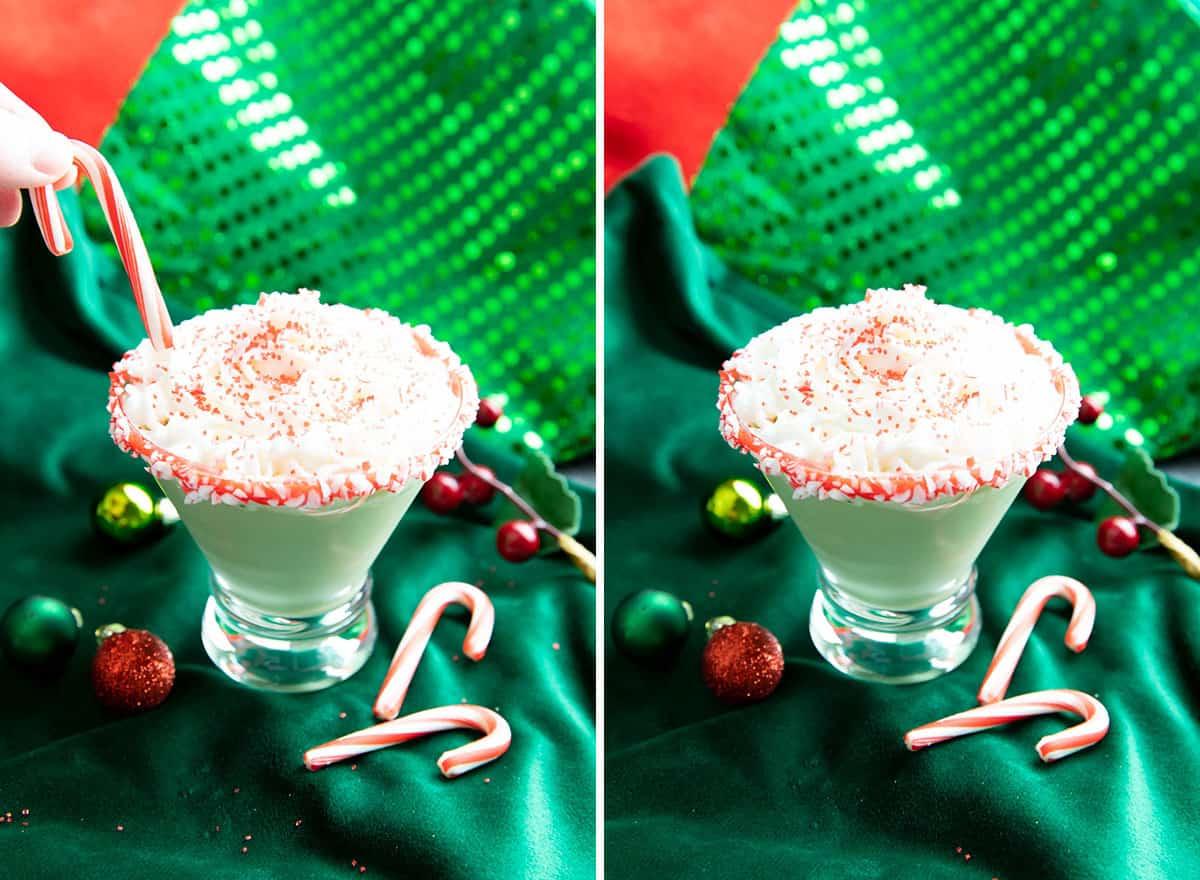 Zwei Fotos, die die Zubereitung dieses Cocktails zeigen – mit Garnitur