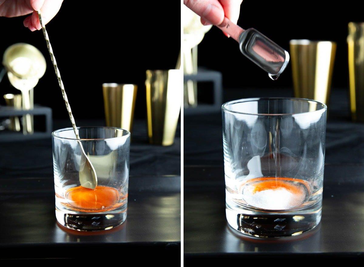 Zwei Fotos zur Zubereitung eines Old Fashioned Cocktails: Wasser hinzufügen und mit einem Cocktail-Rührlöffel umrühren