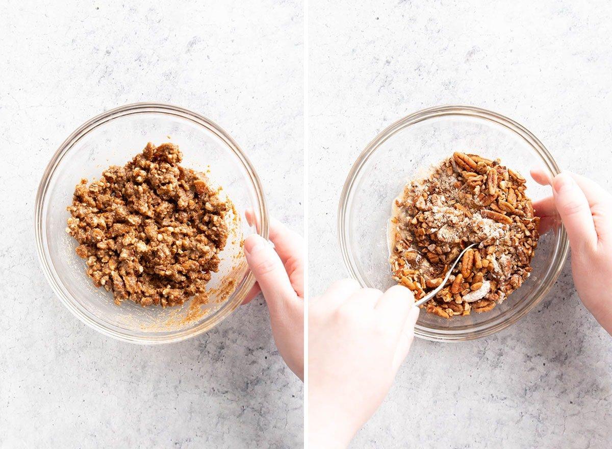 Zwei Fotos, die zeigen, wie man glutenfreien veganen Kürbis-Streuselkuchen zubereitet – Zubereitung der Streuseldecke.