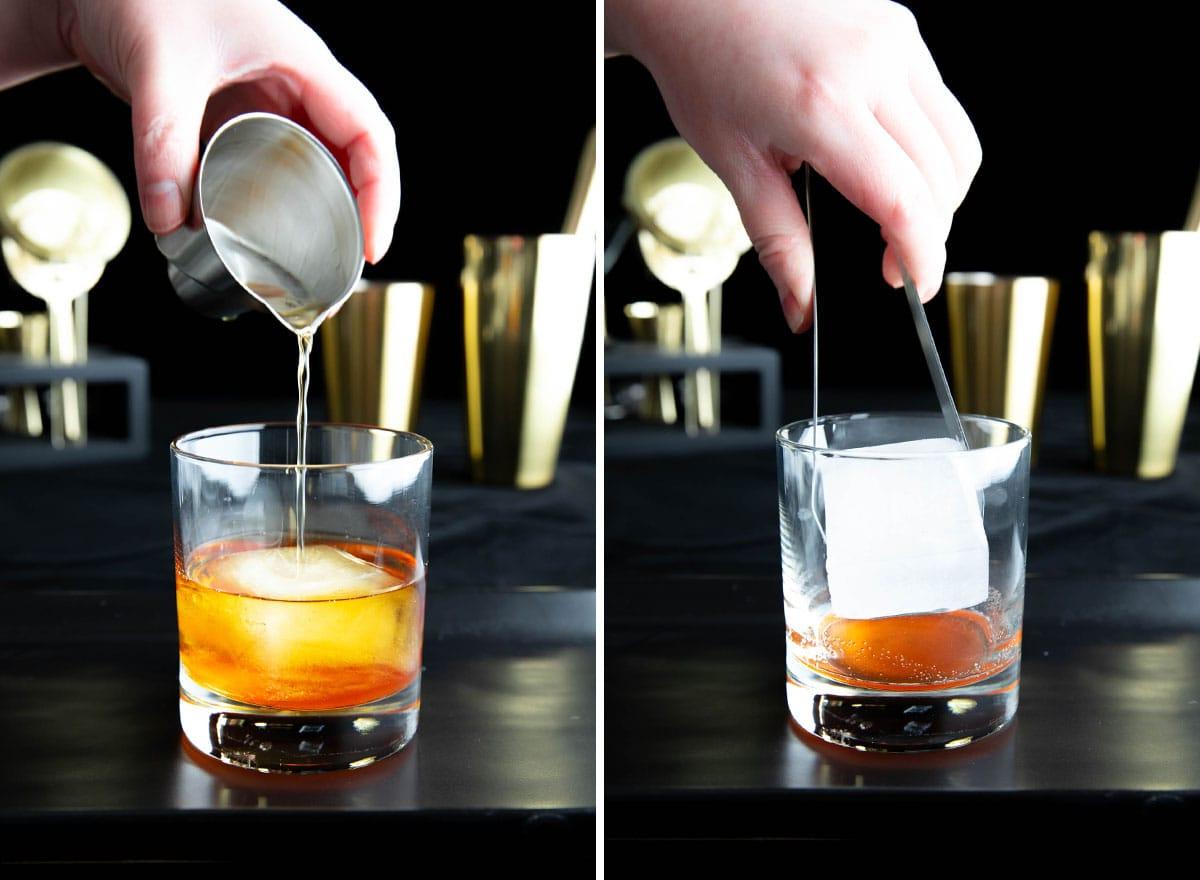 Zwei Fotos zur Zubereitung eines Old Fashioned Cocktails: Eiswürfel ins Glas fallen lassen und Whiskey hinzufügen
