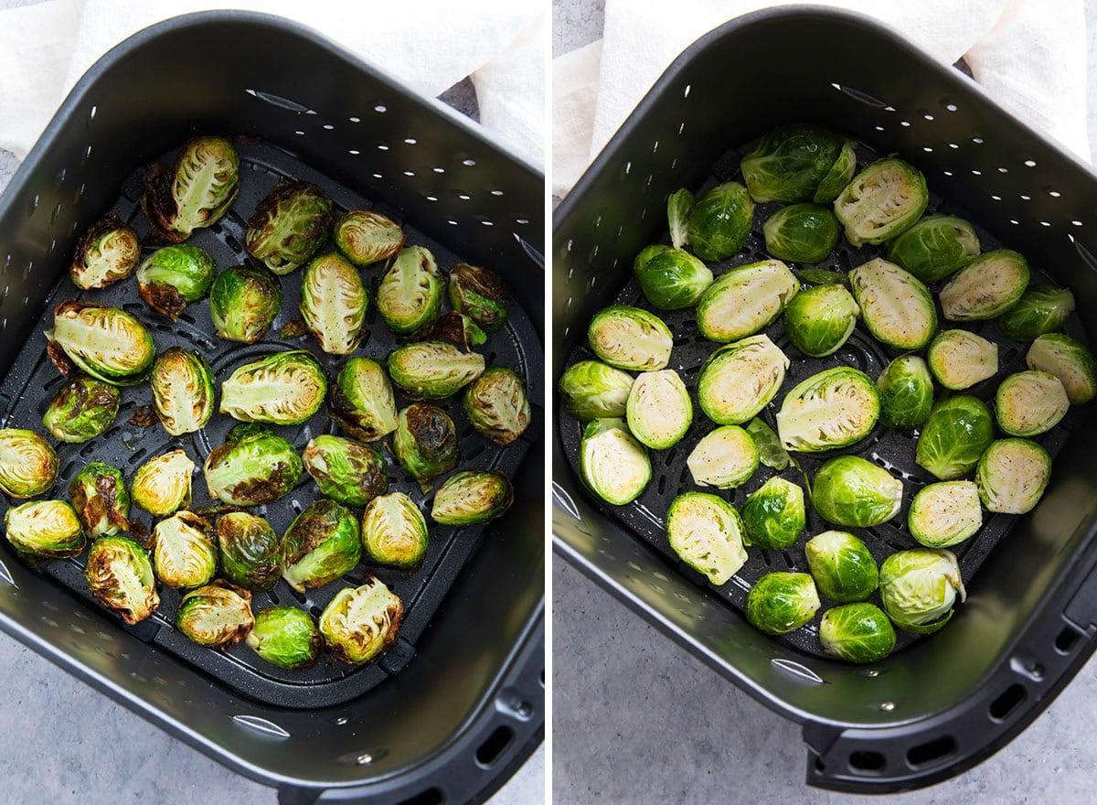 Zwei Fotos, die zeigen, wie man dieses Gemüsegericht zubereitet – vor und nach dem Kochen