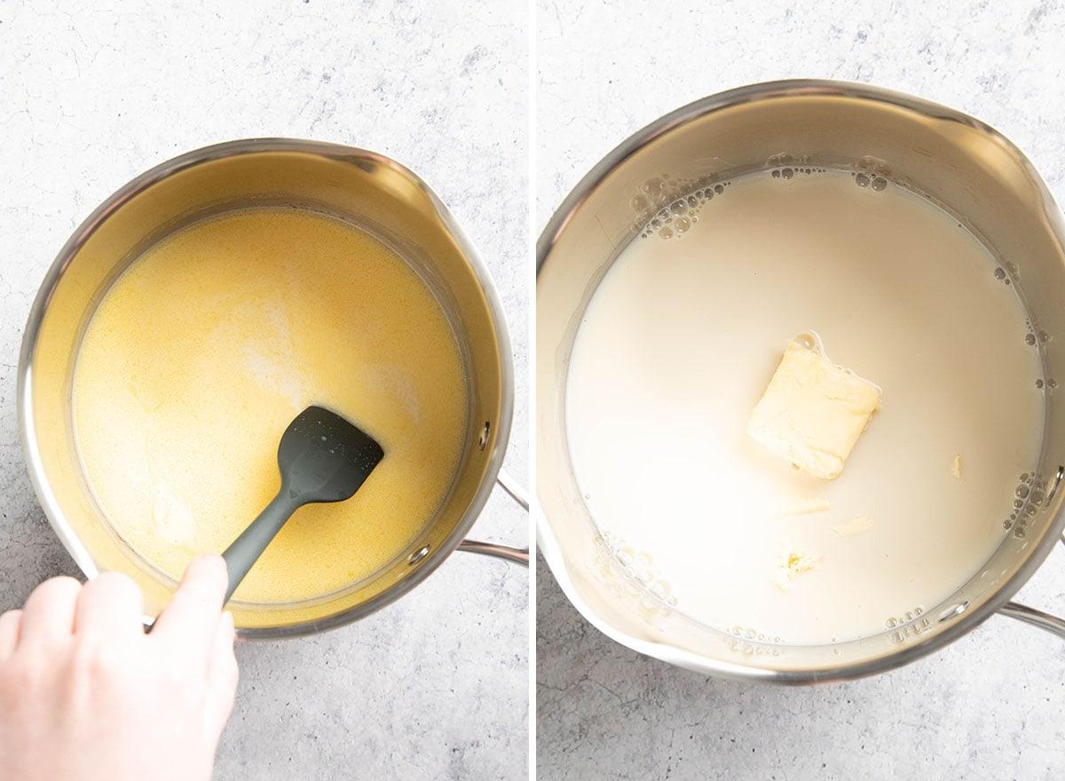 Zwei Fotos, die zeigen, wie man milchfreies Kartoffelpüree zubereitet – Erhitzen von veganer Butter und pflanzlicher Milch zur Flüssigkeitsmischung