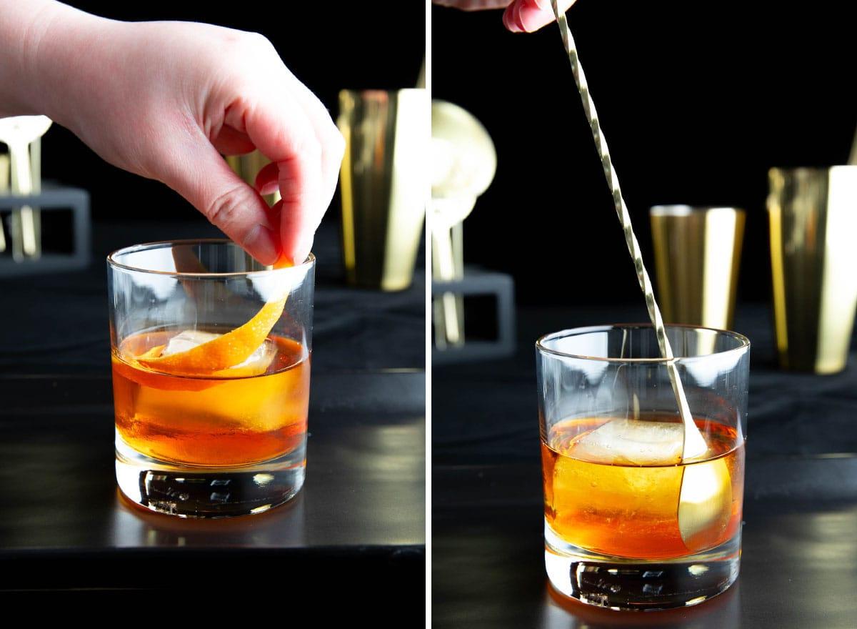 Zwei Fotos zur Zubereitung dieses Whiskey-Cocktails: den Cocktail rühren und Garnitur hinzufügen