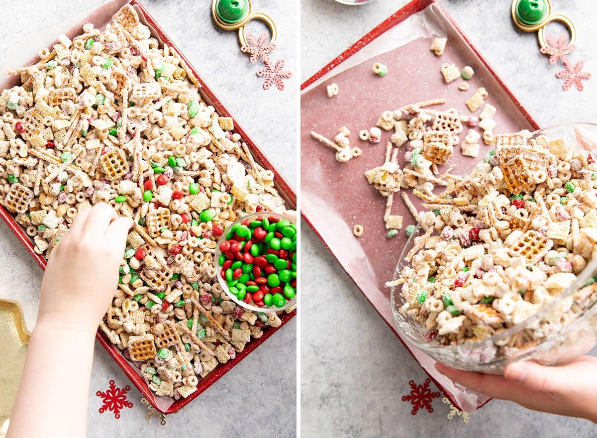 Zwei Fotos, die zeigen, wie man dieses Weihnachtliche Rentierfutter macht – auf das ausgelegte Backblech gießen zum Abkühlen und Aushärten und rote und grüne M&Ms hinzufügen