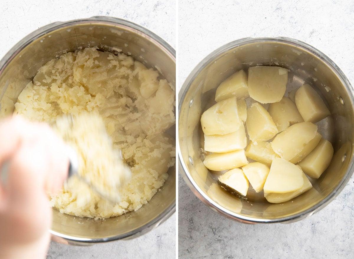 Zwei Fotos, die zeigen, wie man dieses Thanksgiving-Beilagenrezept zubereitet – Kochen und Stampfen der Zutaten