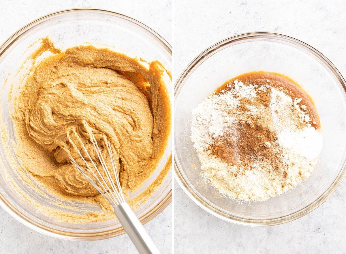 Zwei Fotos, die zeigen, wie man dieses vegane glutenfreie Kürbisrezept zubereitet – trockene und feuchte Zutaten zu Kuchenteig vermischen.