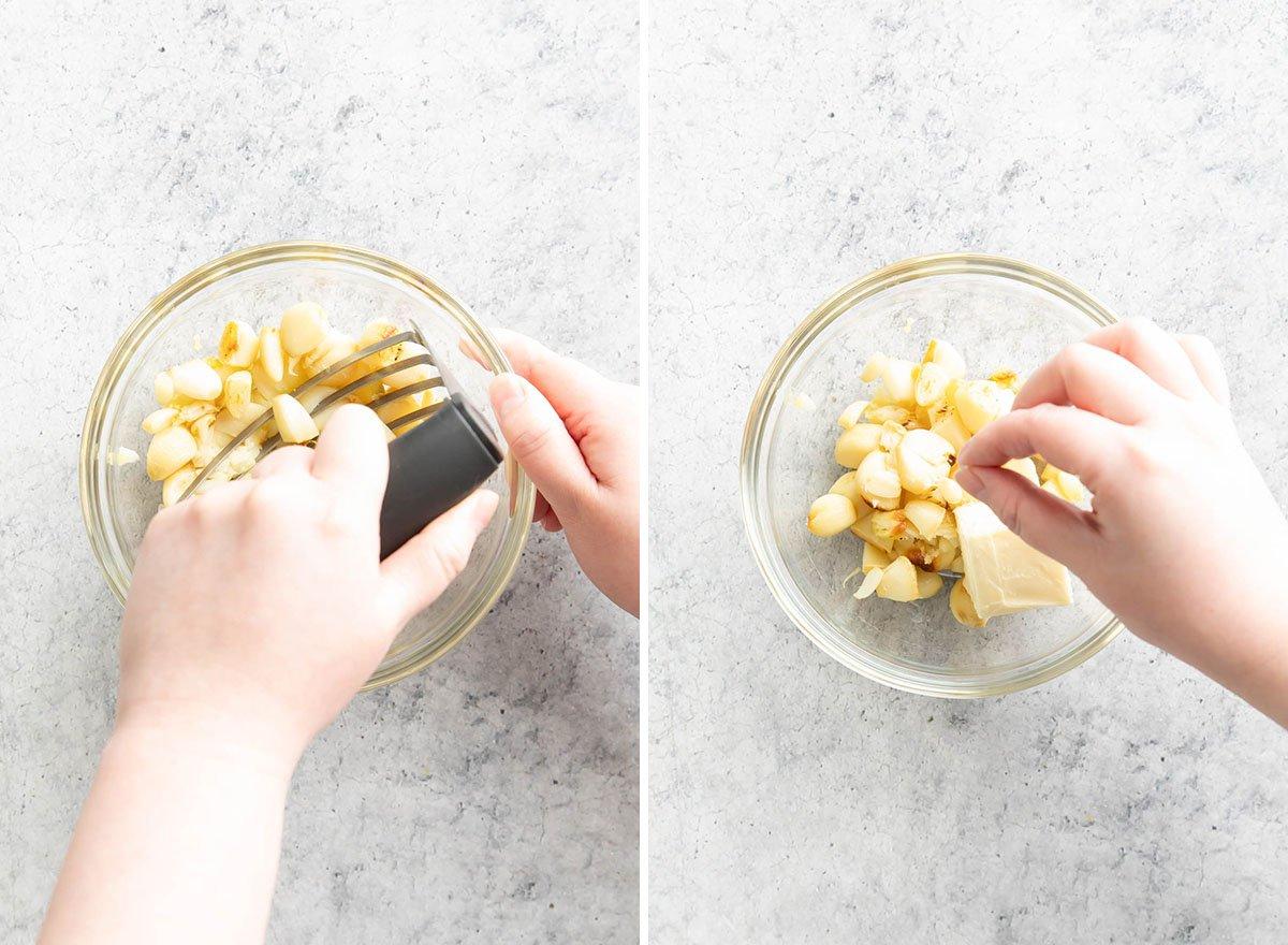 Zwei Fotos, die zeigen, wie man Knoblauchbrot mit geröstetem Knoblauch zubereitet – Knoblauchbutter herstellen