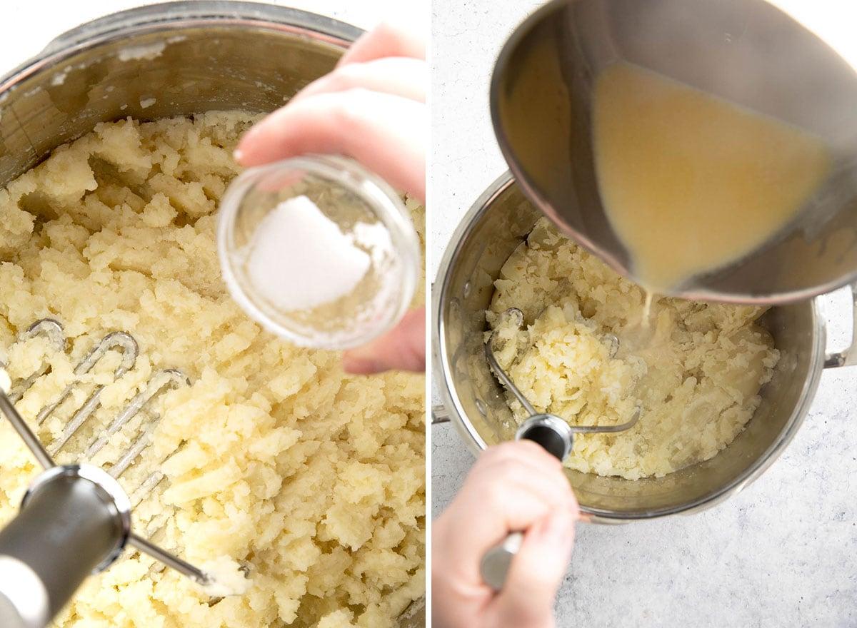 Zwei Fotos, die zeigen, wie man dieses Thanksgiving-Beilagenrezept zubereitet – Zugabe von veganer Butter, pflanzlicher Milch und Salz