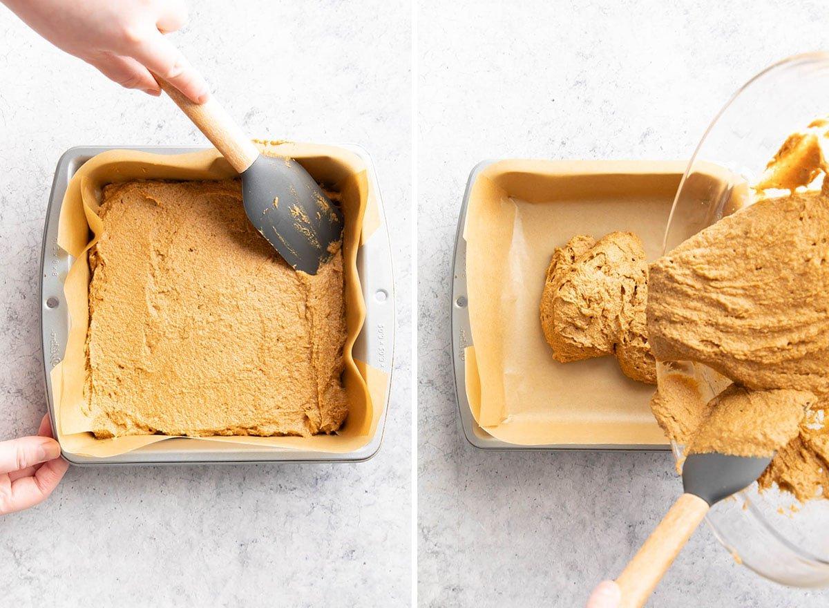 Zwei Fotos, die zeigen, wie man dieses Dessert zubereitet – Teig aus der Rührschüssel in die ausgekleidete Form geben.