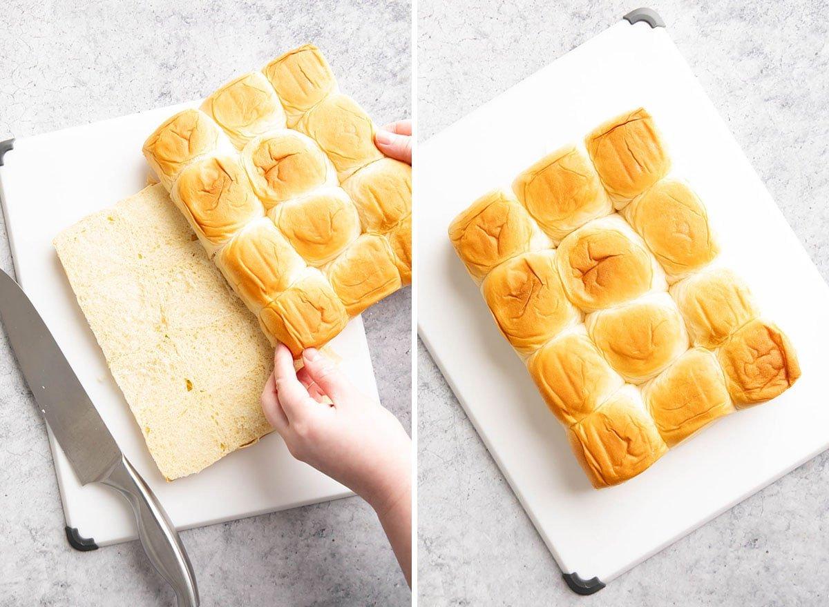 Zwei Fotos, die zeigen, wie man Pizza Sliders zubereitet – das Schneiden der Dinner Rolls