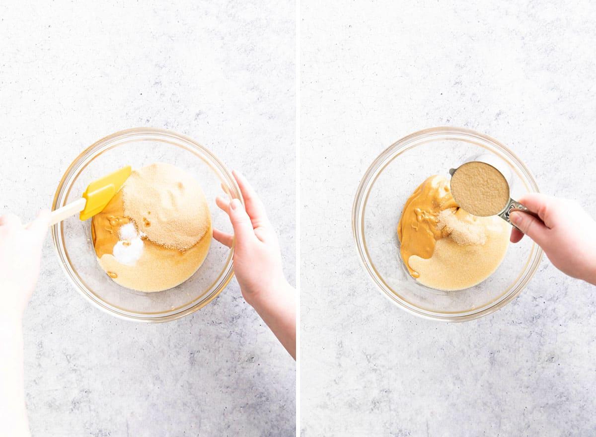 Zwei Fotos, die zeigen, wie man Keto Erdnussbutter-Kekse macht – Zutaten in die Rührschüssel messen und verrühren