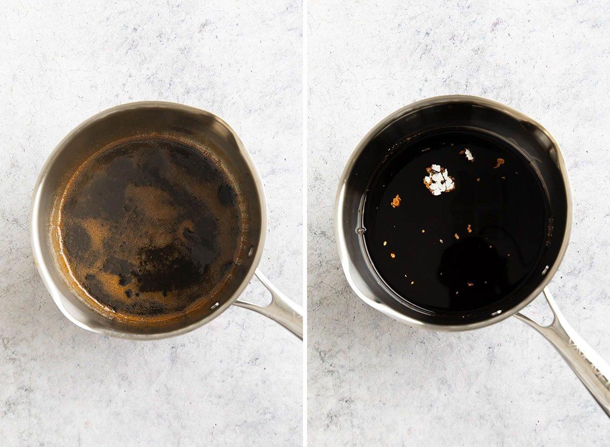 Zwei Fotos, die zeigen, wie man Aalsoße macht - Sojasauce, Zucker, Mirin und Maisstärke in einem Topf, dann mit Blasen vom Kochen und Köcheln in der Pfanne.