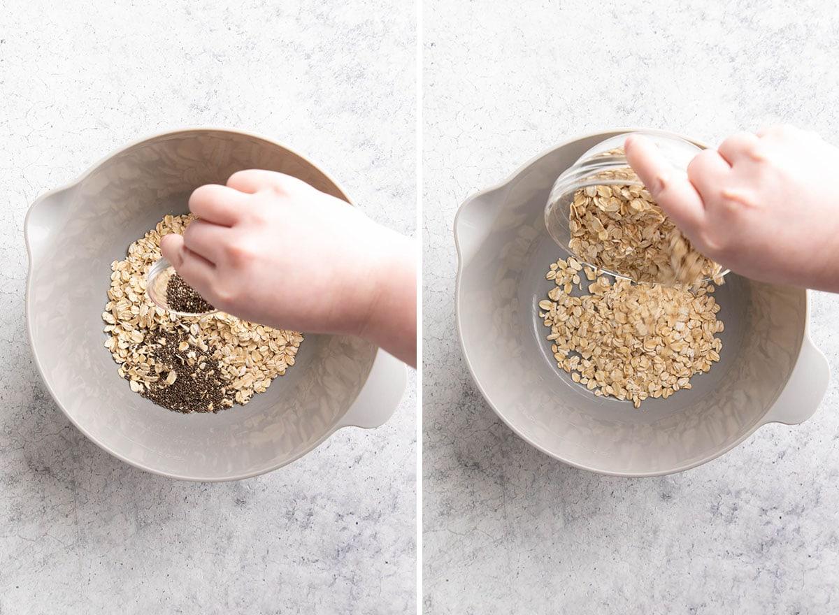Kürbis-Overnight-Oats 5 Zwei Fotos, die zeigen, wie man Kürbis Overnight Oats zubereitet – Haferflocken und Chiasamen in eine Rührschüssel geben