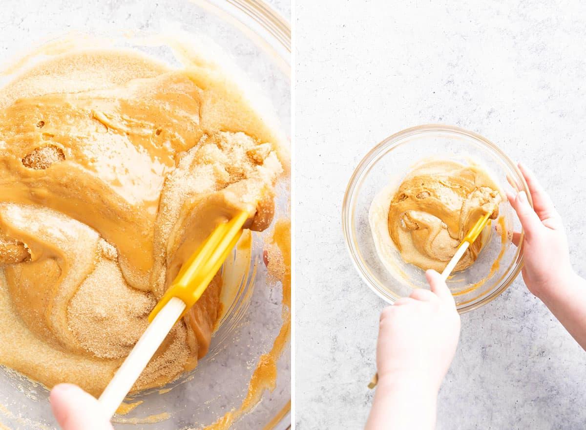 Zwei Fotos, die zeigen, wie man Keto Erdnussbutter-Kekse macht – Zutaten zusammenfalten