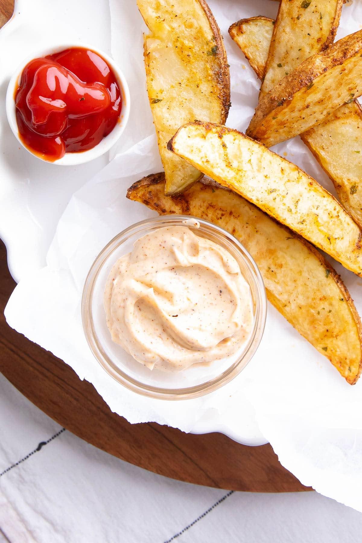 Chipotle Aioli 5 Ansicht von oben auf eine dekorative Dipschale, gefüllt mit dieser leuchtend orangen, würzigen und cremigen Pfeffersauce, serviert mit einer knusprigen frittierten Vorspeise und einem Klecks Ketchup im Hintergrund