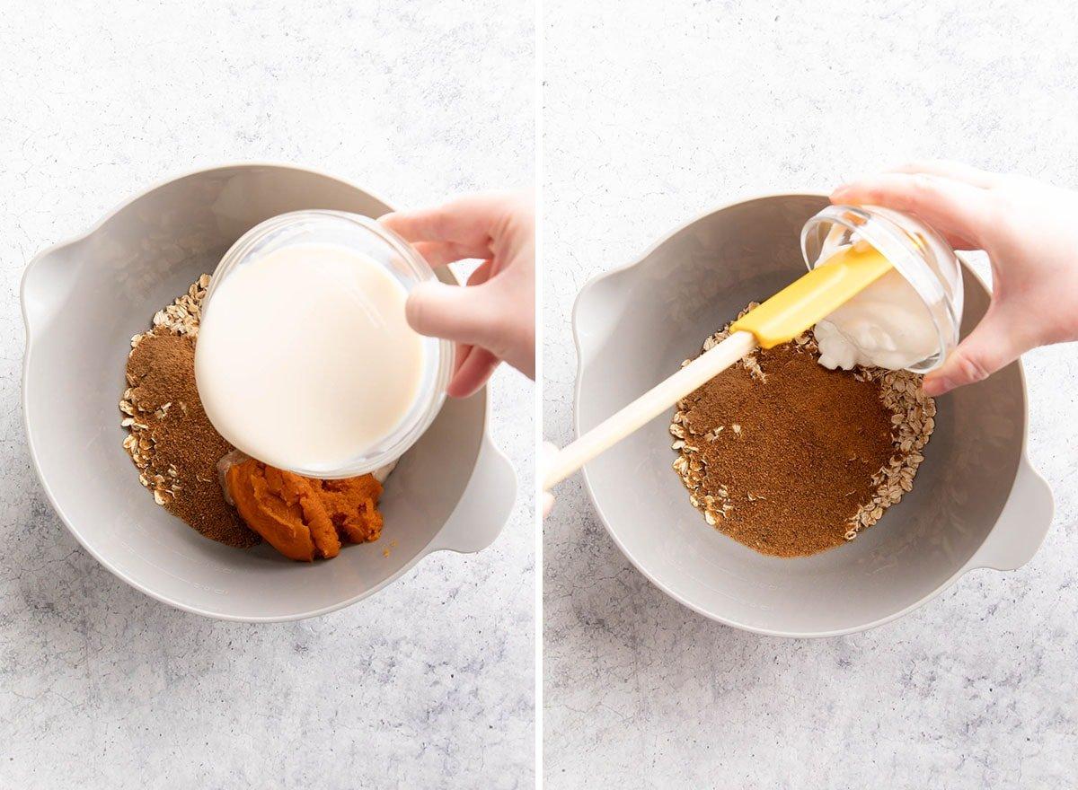 Kürbis-Overnight-Oats 6 Zwei Fotos, die zeigen, wie man Kürbis Overnight Oats zubereitet – Joghurt, Milch und andere feuchte Zutaten in die Schüssel geben