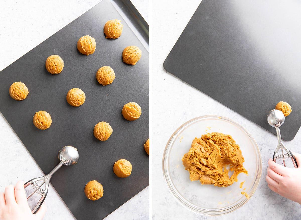 Zwei Fotos, die zeigen, wie man dieses Rezept macht – Teig portionieren