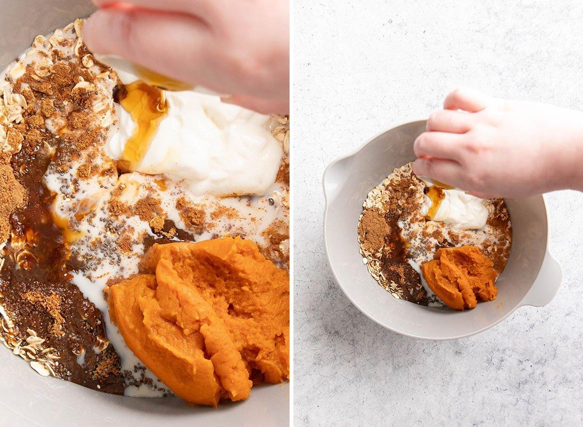 Kürbis-Overnight-Oats 7 Zwei Fotos, die zeigen, wie man Kürbis Overnight Oats zubereitet – Ahornsirup hinzufügen, um die feuchten Zutaten zu vervollständigen