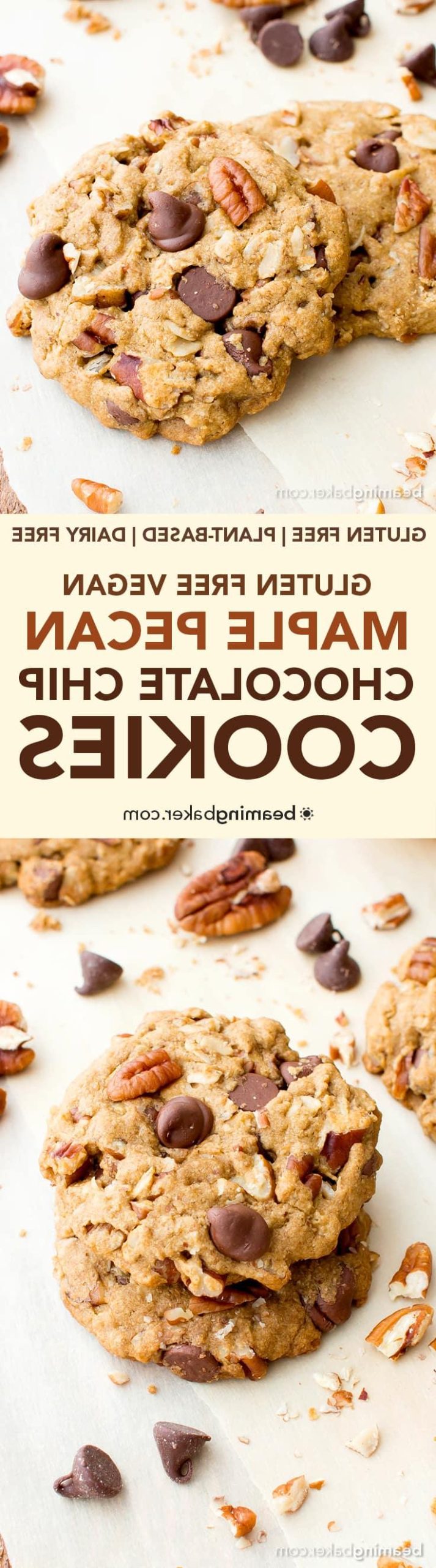 Ahorn-Pekannuss-Schoko-Cookies (V, GF, DF): Ein einfaches Rezept für köstlich weiche und zähe Hafermehl-Schoko-Cookies, die vor Ahorn- und Pekannussgeschmack nur so strotzen. #Vegan #GlutenFree #DairyFree #OatFlour | BeamingBaker.com