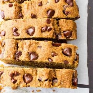 Detailansicht des veganen Kürbisbrots im Rezeptkartenformat