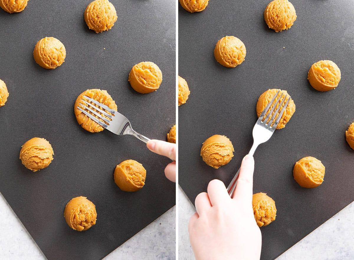 Zwei Fotos, die zeigen, wie man dieses Rezept macht – mit Gabel flach drücken