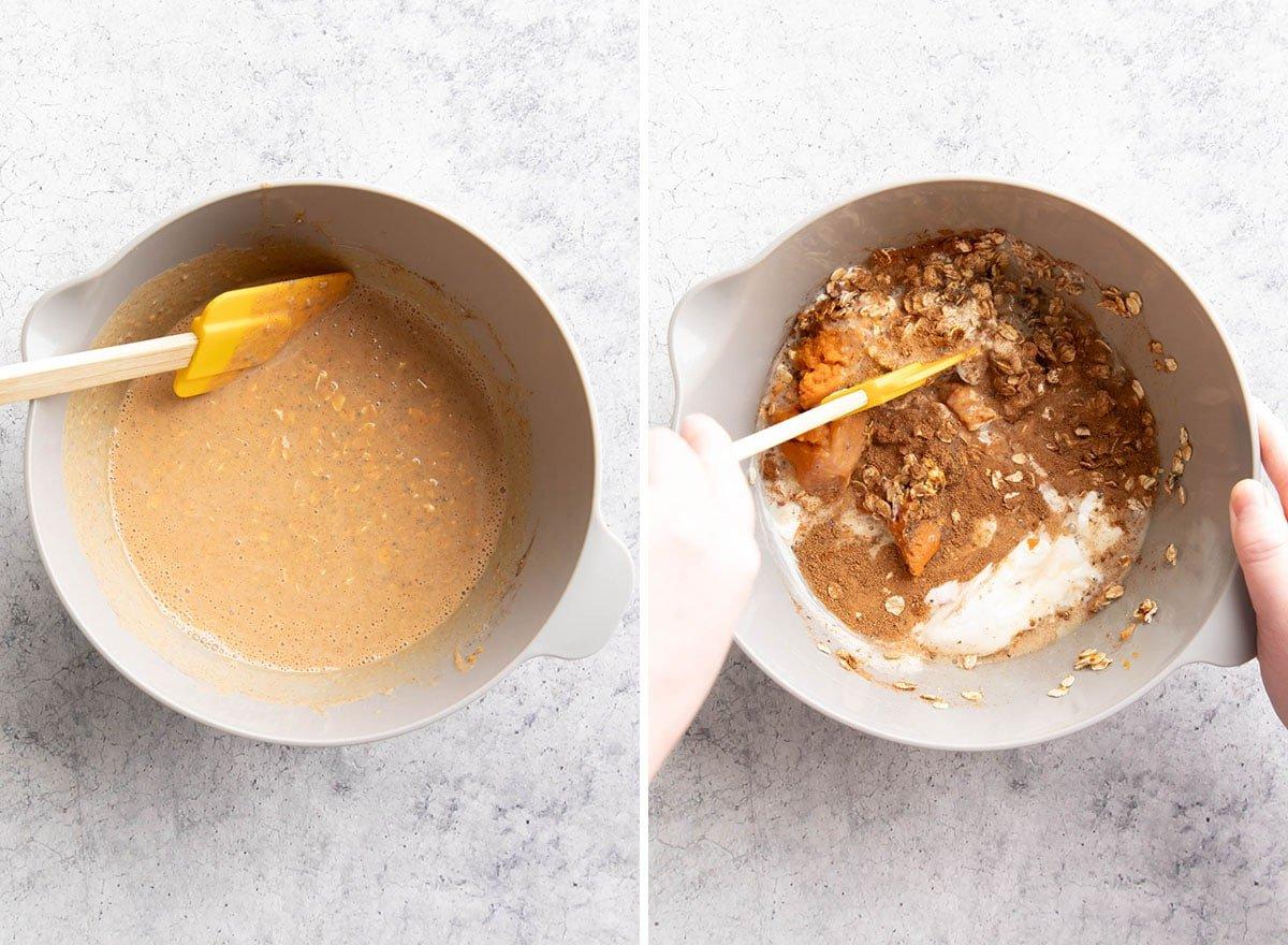 Kürbis-Overnight-Oats 8 Zwei Fotos, die zeigen, wie man dieses einfache Frühstücksrezept zubereitet – Zutaten zusammenrühren