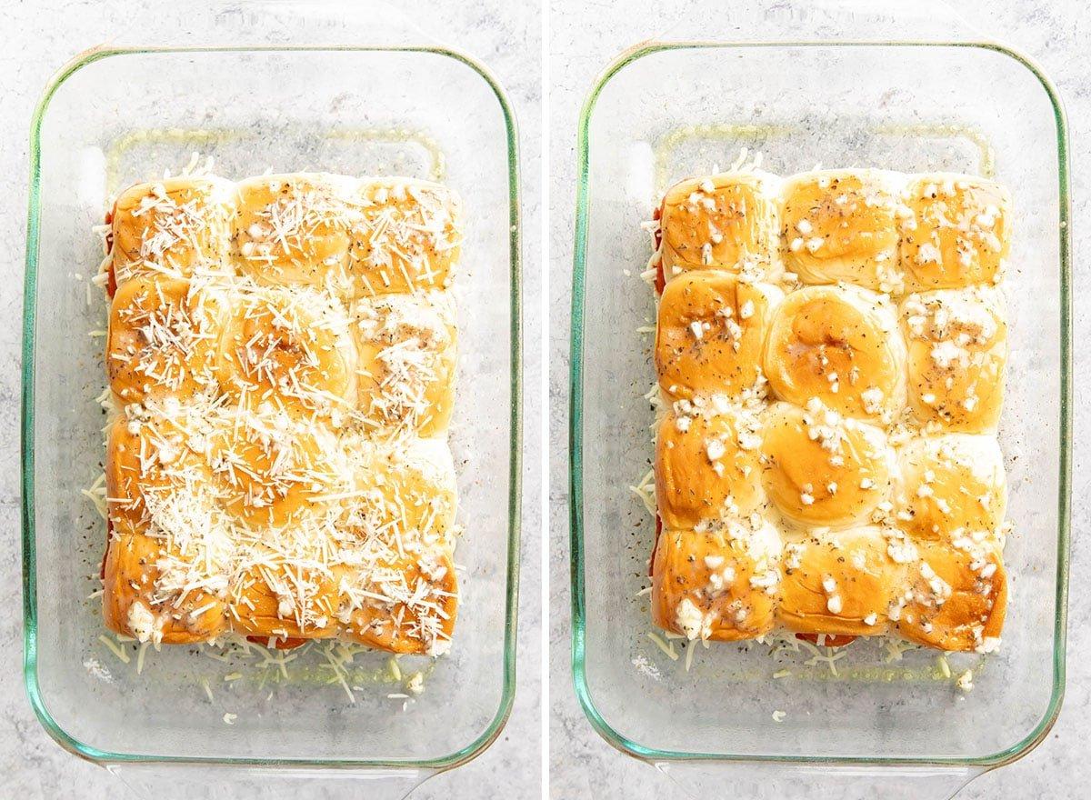 Zwei Fotos, die zeigen, wie man dieses italienische Abendessenrezept zubereitet – Gewürze, Käse und Butter-Topping auf Brot