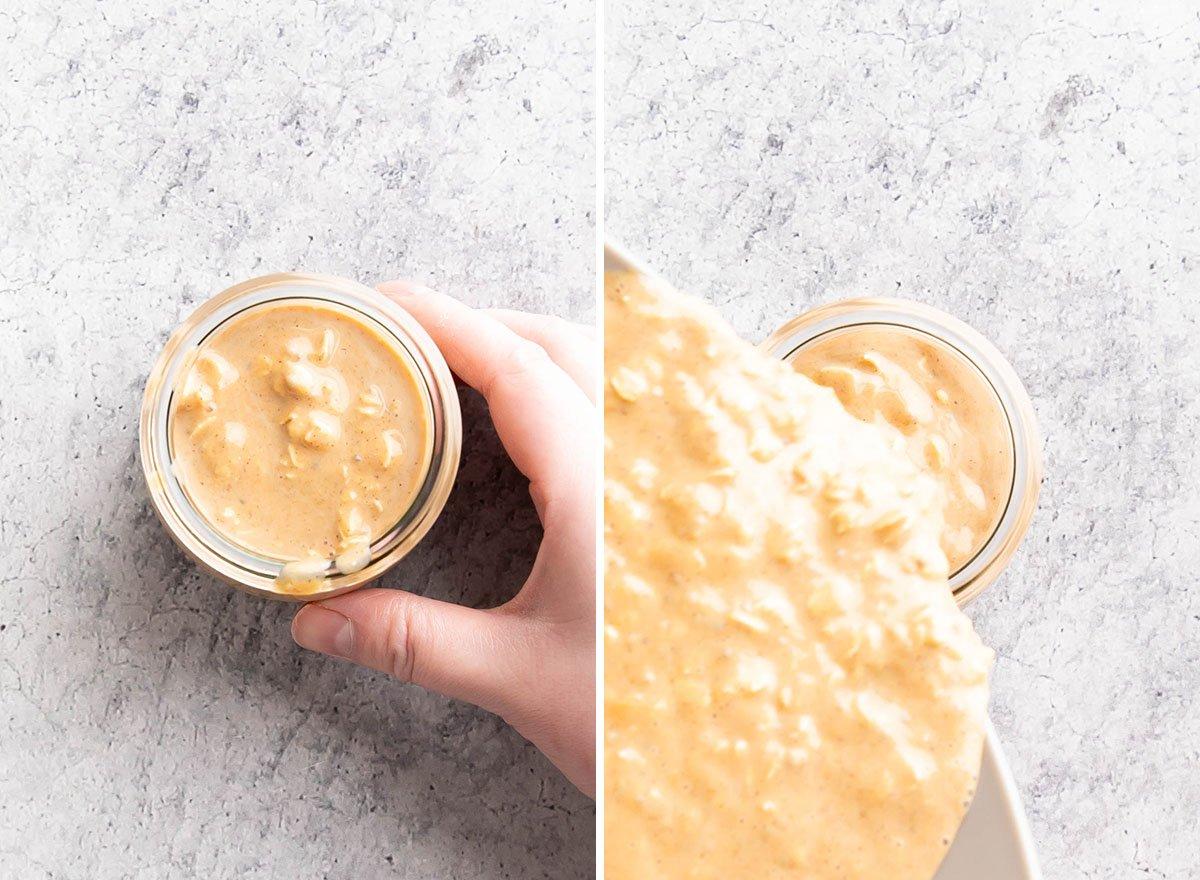 Kürbis-Overnight-Oats 9 Zwei Fotos, die zeigen, wie man dieses einfache Frühstücksrezept zubereitet – Mischung in verschließbare Gläser zum Aufbewahren im Kühlschrank gießen